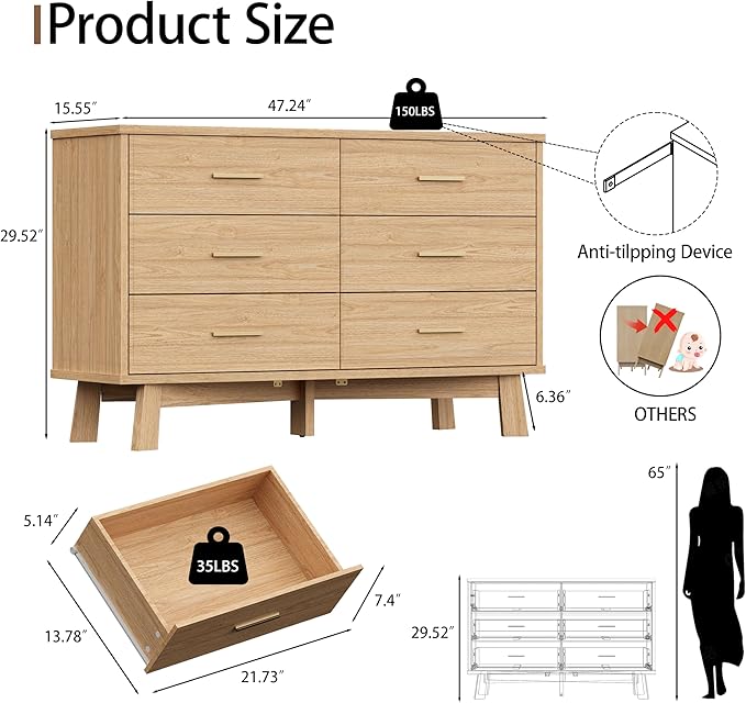 Dresser for Bedroom, 6 Drawer Wide Modern Chest of Drawers with X-Shaped Sturdy Base, Wood Double Dresser Closet Clothes Storage Organizer, Wooden TV Stand for Living Room, Hallway, Oak