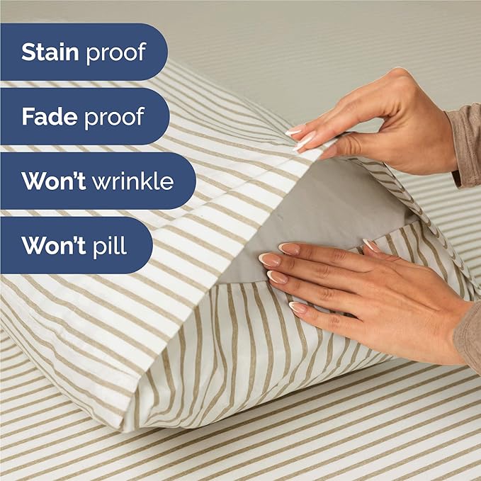 King 6 Piece Sheet Set - Cooling, Comfy & Breathable - Hotel Luxury Bedding, Includes Fitted Sheet for Women, Men, Kids & Teens - 1 Flat, 1 Fitted Sheet, 4 Pillowcases w/Deep Pockets - Beige Stripes