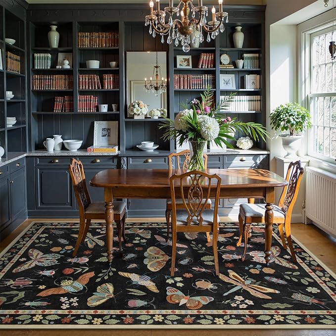 Lahome Insect 9x12 Area Rugs for Living Room Bedroom, Soft Washable Rugs 9x12 Stain Resistant, Ultra-Thin Non-Slip Non-Shedding Accent Carpet for Dining Room Office, Black