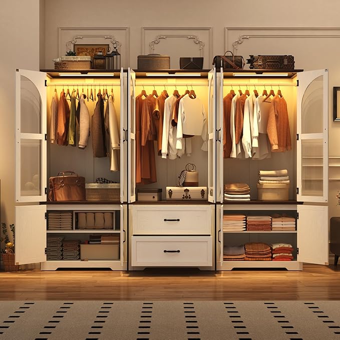 Tall Farmhouse 6 Doors Armoire Wardrobe Closet with LED ,72" Freestanding Arched Wardrobe Closet Cabinet for Bedroom w Glass Doors/Drawers,Wooden Clothing Storage Cabinet,Closets for Bedroom(White)