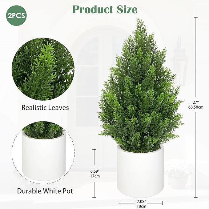 Briful 27” Artificial Cedar Topiary Tree in White Planter, 2PCS – Realistic Faux Evergreen Floor Plant with Layered Leaves, Decorative Indoor Outdoor Potted Shrub for Home, Office, Patio, Porch