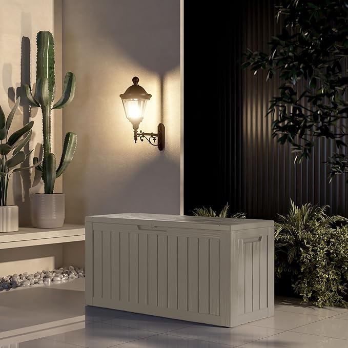 Outdoor Storage Box Waterproof, Lockable Resin 80 Gallon Deck Box Patio Storage Bin for Pool Accessories Cushion Furniture, Garden Tools, UV-Resistant Outside Delivery, Grey