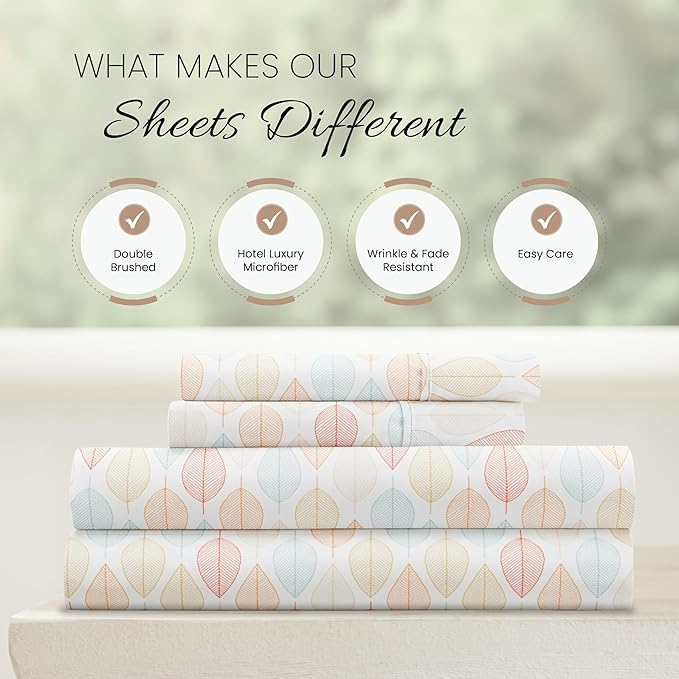 Linen Market Patterned Microfiber Queen Sheet Set 4 Piece – Oeko-TEX Certified Ultra Soft & Wrinkle-Free - 16" Deep Pocket Sheets - Easy Care Queen Size - Fall Foliage Yellow