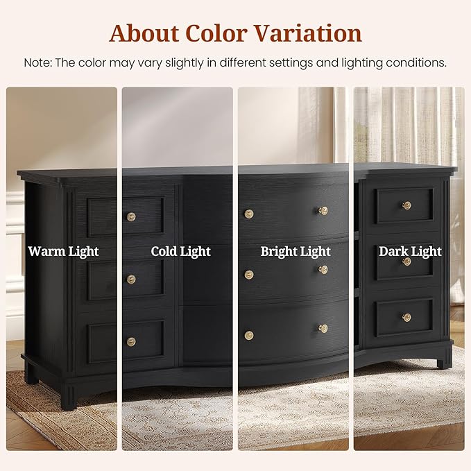 9-Drawer Chest, Wide Dresser with 3 Large Arc Fronts,Roman Column Decor, Spacious Bedroom Storage Furniture, 55 Inch Long (Black, 9 Drawer)