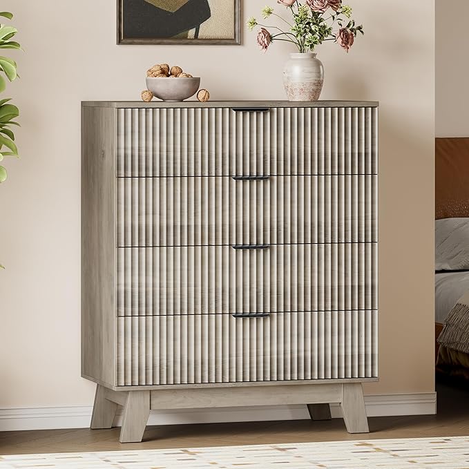 39" Tall Dresser for Bedroom, 4-Drawer Fluted Chest of Drawers, Modern Wood Highboy with Deep Storage, Metal Slides & Handles, Anti-Tip Kit, Vertical Clothes Organizer for Apartment, Nursery