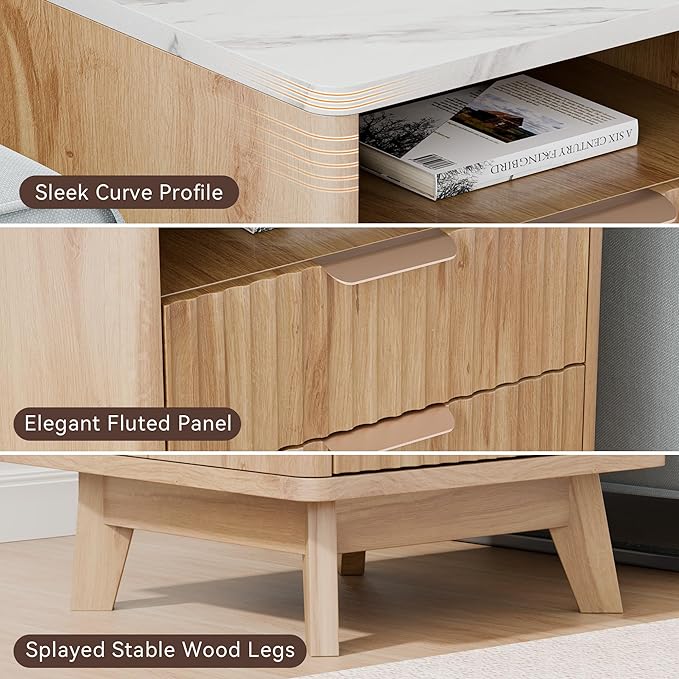 Fluted Nightstand with 2 Drawers, 18" Modern Night Stand with Faux Marble Top, Open Storage Shelf, Bedside Table for Bedroom, End Table Side Table, Natural Oak