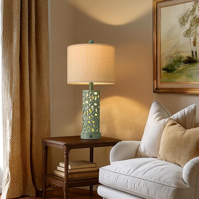 OYEARS 22'' Table Lamp Set of 2 for Living Room, Farmhouse Lamp for Bedroom, Vintage Bedside Lamps with Retro Design and USB Ports, Linen Shade for Home Office (Bulb Included, Green)