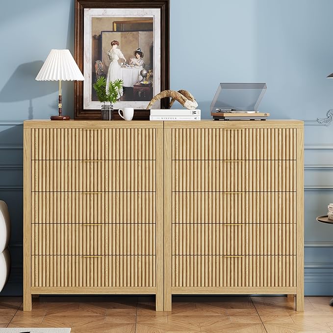 43" 5 Tall Drawer Dresser Organizer TV Drawer Cabinet Modern Wood Storage Cabinet, Modern Wood Storage Cabinet for Bedroom, Hallway, Entryway, Natural Oak