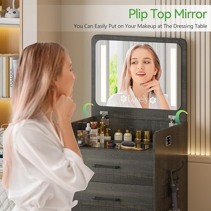 HNEBC HNEBCVanity Desk with Plip Top LED Mirror,3 in 1 Small Dressing Table Set with Visible Glass Desktop,Rustic Oaky Compact Vanity with 3 Drawers,Storage Compartment and Padded Stool,for Bedroom