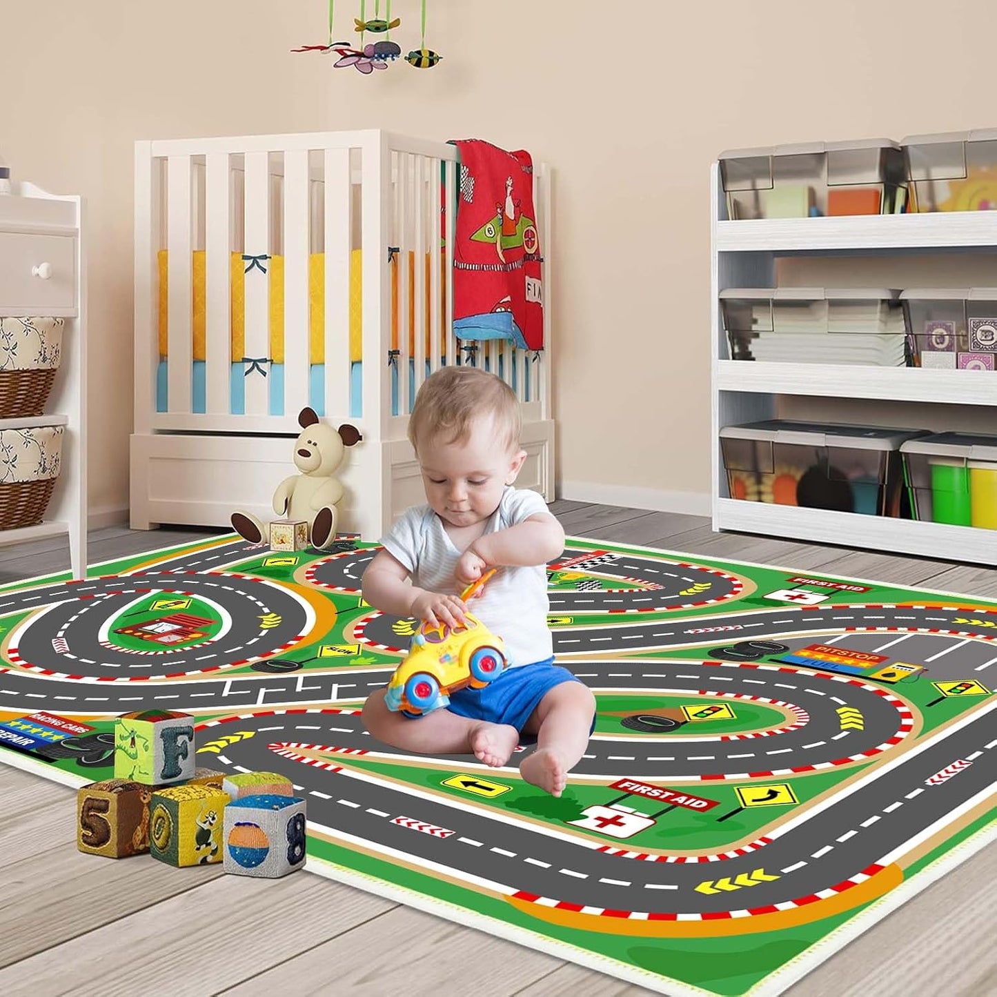 Kids Rug Play mat Playroom Rugs Car Rugs for Kids Toy Cars Race Track for Classroom Rug (Race-Green, 5.2x7.9ft)