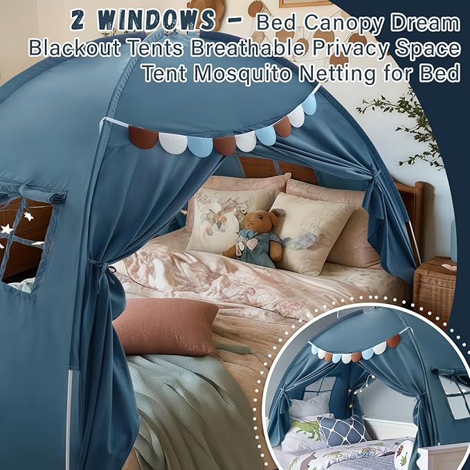 Razee Full Size Bed Canopy for Kids, Toddler Bed Tent Dream Playhouse Privacy Floor Sleeping Tents Indoor Under Bunk Bed Tent with Pennant Banners, Kid House Toys for Boys Girl Birthday Gift