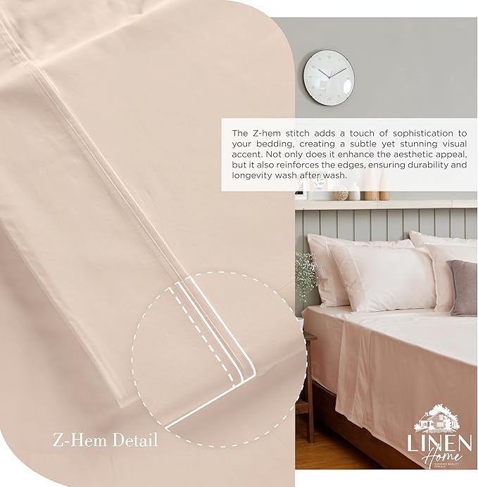 Linen Home 100% Cotton Percale Sheets Queen Size, Sand Shell, Deep Pocket, 4 Pieces Set - 1 Flat, 1 Deep Pocket Fitted Sheet and 2 Pillowcases, Crisp Cool and Strong Bed Linen