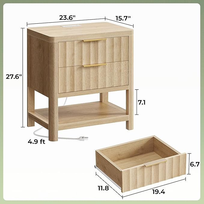 Huuger 27.6 Inch Tall Night Stand with Charger Station, USB-C Port, Fluted Nightstand with 2 Deep Drawers, Larger Wider Bed Side Table with Open Shelf, Bedroom Living Room End Table, Natural
