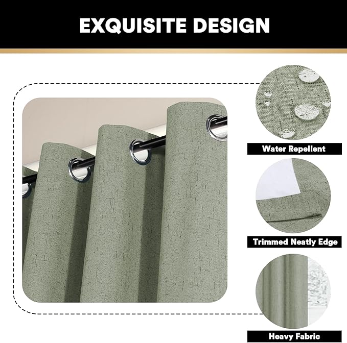 PrinceDeco 100% Linen Blackout Curtains 108 Inches Long Faux Linen Blackout Curtains for Bedroom Extra Wide Curtains for Sliding Glass Doors Patio Door Curtains,W100 X L108 Inch,Green Bay