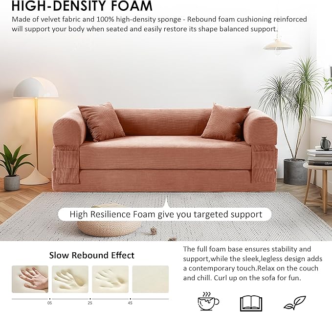 80" Convertible Sofa Bed, Corduroy Deep Seat Folding Pull Out Couch with Pillows, No Assembly Modern Boneless Couch Compression Sofa in Box, Floor Sofa with Storage Pocket for Living Room,Pink