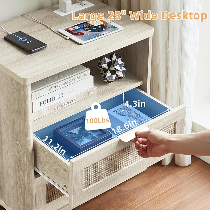 LEYAOYAO Rattan Dresser and Nightstand Set of 3, Boho Wood Dresser for Bedroom with 6 Drawers and Night Stand with Charging Station, Bedroom Furniture, Dressers & Chests of Drawers,Hallway,Living Room