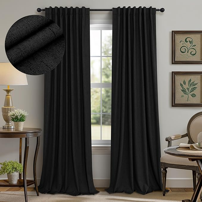 Pitalk Black Out Curtains 108 Inch Long 2 Panels Gothic Elegant Modern Linen Textured Drapes for Living Room Darkening Summer Heat Winter Cold Blocking 100% Blackout Curtain Window 108 Length Back Tab