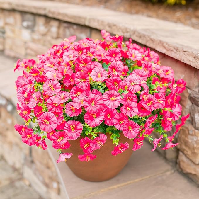 Fake Plants Artificial Flowers for Outdoor Outside Decor, 12 Bundles Faux Flowers Silk Hot Pink Morning Glory with Eucalyptus Look Real UV Resistant Faux Greenery for Planter Front Door Porch Patio