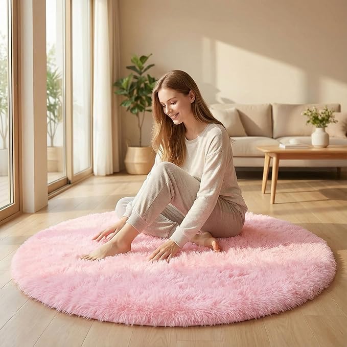 duduta Pink Fluffy Round Rug 4x4 ft, Shag Fuzzy Plush Circle Throw Rug for Nursery Bedroom Living Room Home Decor