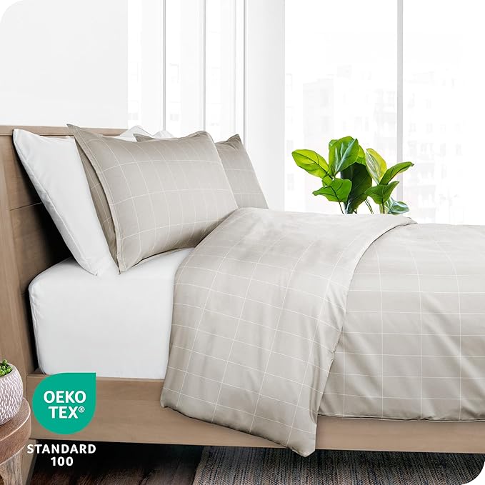 Bare Home Duvet Cover - Queen Size Bedding Set - Premium 1800 Super Soft Collection - Lightweight, Cooling - Soft Breathable Duvet Cover (Queen, Grid – Stone/White)