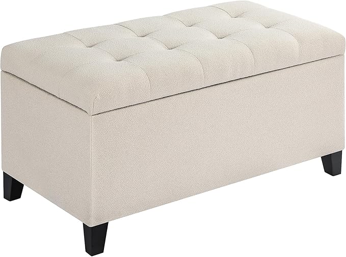Asense Storage Ottoman Bench, Tufted Fabric Upholstered End of Bed Bench with Safety Hinge Wooden Legs, for Entryway Bedroom (Cotton and Linen Beige, 33.3")