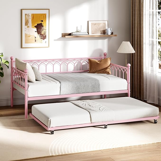 GarveeHome Twin Size Metal Roll Out Trundle Bed Frame with Wheels and Slats Support, Pink