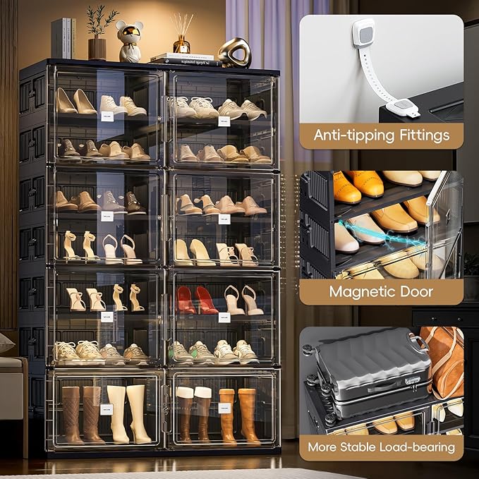 JEKO&JEKO 5-Tier Foldable Shoe Storage Cabinet with Magnetic Doors, Large Stackable Shoe Organizer Cabinet for Entryway, Clear Front Door Shoe Boxes Hold Up to 20 Pairs (Black)