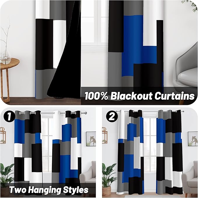 Blue Gray 100% Blackout Curtains for Bedroom 72 inch Length 2 Panels Set White Grey Modern Abstract Geometric Black Out Curtains Insulated Room Darkening Window Drapes for Living Room, 42Wx72L
