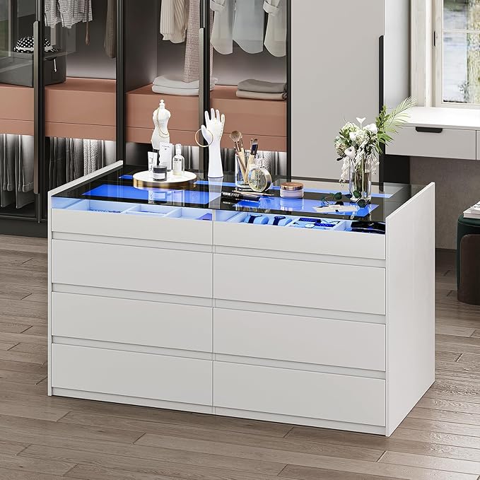 White Dresser for Bedroom Set of 2, 8 Drawer Dresser with Glass Top and LED Light, Modern Chest of Drawers, Jewelry Dressers Display, Dressers Organizer for Bedroom, Closet, Living Room