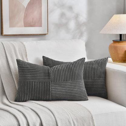 Fancy Homi 2 Packs Dark Gray Lumbar Decorative Throw Pillow Covers 12x20 Inch for Living Room Couch Bed Sofa, Farmhouse Home Decor, Soft Striped Corduroy Rectangle Accent Cushion Case 30x50 cm