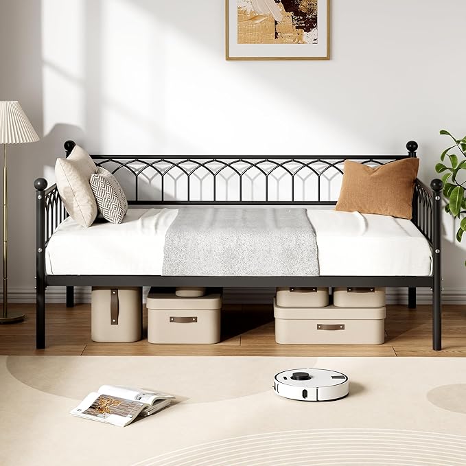 GarveeHome Twin Size Daybed, Sofa Bed Frame with Metal Steel Slat Support, Heavy Duty Metal Bed Frame, Space Saving, Easy Assembly, for Small Spaces, Living Room, Bedroom, Apartment, Black
