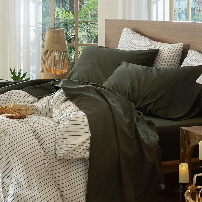 MooMee Bedding Sheet Set 100% Washed Cotton Linen Like Textured Breathable Durable Soft Comfy (Solid Olive Green, Queen)