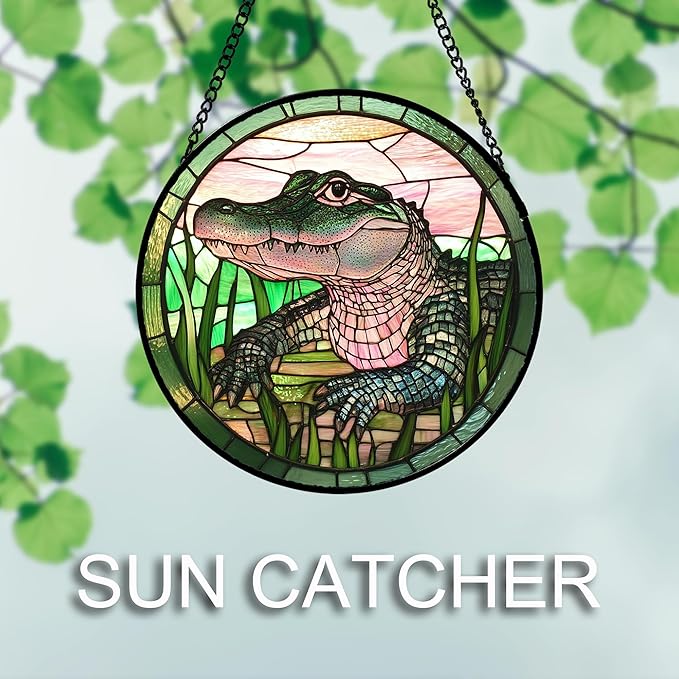 Stained Glass Window Hanging 4 Pcs Set Cute Animal 7.8"- Green Plant Pink Suncatcher Door Garden Sun Catcher Decor Birthday Christmas for Mom Woman Nana Men Friend