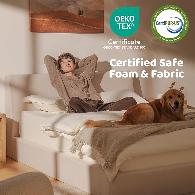 RECCI Cloud Queen Bed Frame with Ergonomic Angled Foam Cushioned Headboard, Minimalist Design Platform Bed Frame, No Box Spring Needed, Easy Assembly (Beige)