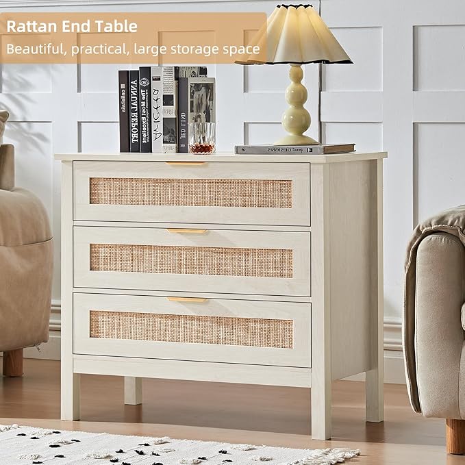 LEYAOYAO 31.5" Wide Rattan Nightstand, Large Boho 3 Drawer Night Stand, Grey White Bedside Table with Storage, Tall Bed Side End Tables, Chest of Drawers Dressers for Bedroom, Living Room, Hallway