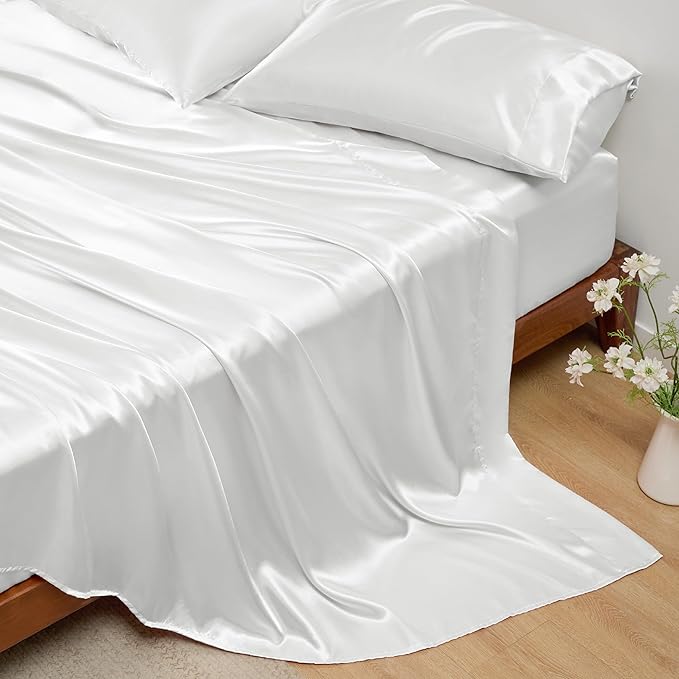 Bedsure White Satin Sheets Queen Size - 4 Piece Silky Bedsheets with 15 Inches Deep Pocket Fitted Bedsheet,1 Flat Sheet, 2 Satin Pillowcases, Good for Hair & Skin (Queen, White)
