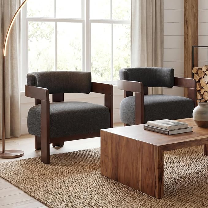 Barrel Accent Chairs Set of 2, Cozy Upholstered Living Room Chair for Bedroom, Walnut Wood Frame, Vintage Modern Lounge Reading Chairs for Apartment Waiting Room Office, Charcoal