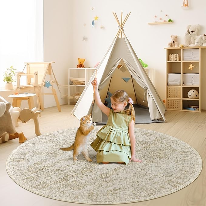 9x9 Beige Round Rug 9ft Living Room Circle Rug Vintage Round Area Rug Non Slip Indoor Carpet for Apartment