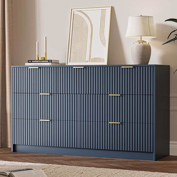 Navy 7 Drawer Dresser for Bedroom, 55.9" Wide Modern Fluted Dresser with Gold Metal Handles, Wide Chest of Drawers for Bedroom, Living Room, Entryway, Hallway