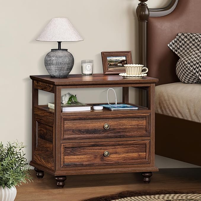 Farmhouse Nightstand with Charging Station, 24" Wide End Table with 2 Drawers,Brown Dresser for Bedroom, Bed Side Table Chest of Drawers Cabinet,Wood Night Stand for Living Room, Closet