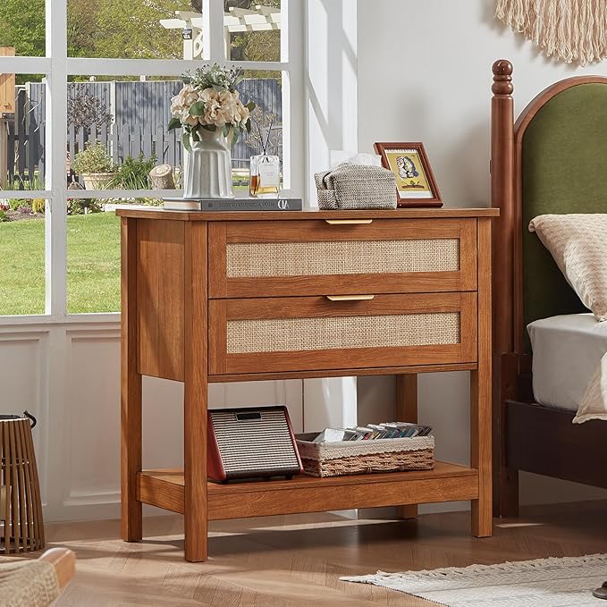 LEYAOYAO 31.5" Wide Rattan Night Stand, Oversized Large Boho Nightstand with 2 Drawer, Tea Brown Bed Side End Tables with Storage Shelf, Tall Bedside Table for Bedroom Living Room, Hallway