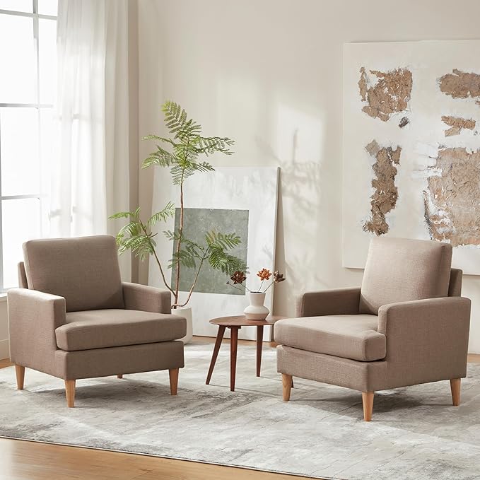 VKNOW Mid-Century Accent Chairs Set of 2, No Tools Assembly Required, Modern Upholstered Polyester Armchairs for Living Room & Bedroom, Comfortable Reading Chairs with Wood Legs, Brown