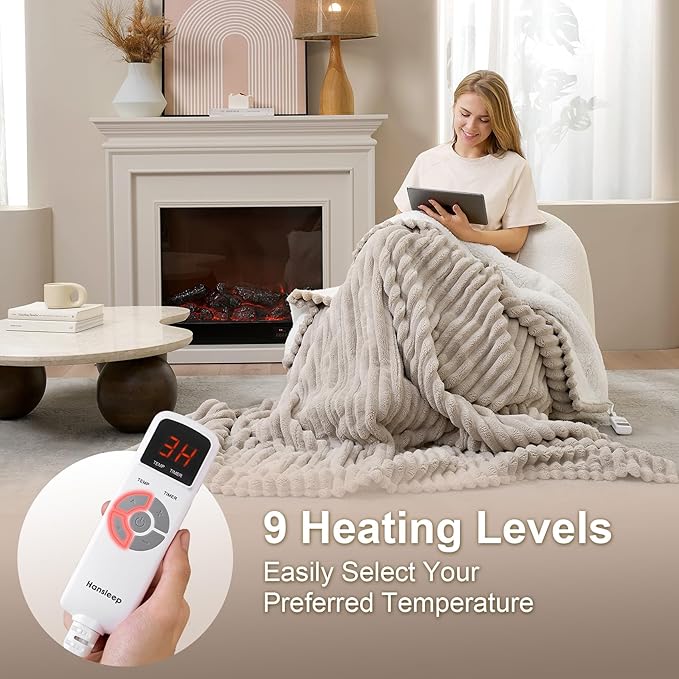 Hansleep Heated Blanket Queen Size Electric Throw Dual Control, Heating Blanket with 9 Heating Levels and 10-Hour Timer Auto Shut Off, Washable Soft Warm Winter Blanket, 80 x 90 Inches, Linen