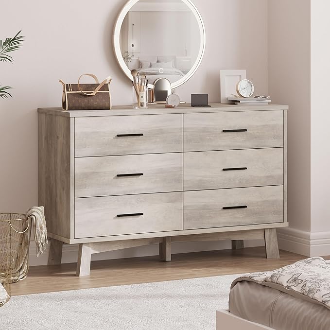Dresser for Bedroom, 6 Drawer Wide Modern Chest of Drawers with X-Shaped Sturdy Base, Wood Double Dresser Closet Clothes Storage Organizer, Wooden TV Stand for Living Room, Hallway, Grey