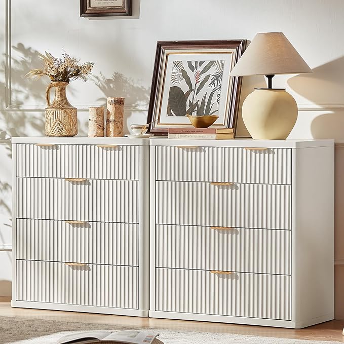 LEYAOYAO Fluted 5 Drawers Dresser for Bedroom Set of 2, 34" Tall Modern Chest of Drawers with Metal Handle, Curved Profile Design,White Wood Drawer Organizer for Bedroom, Living Room, Hallway