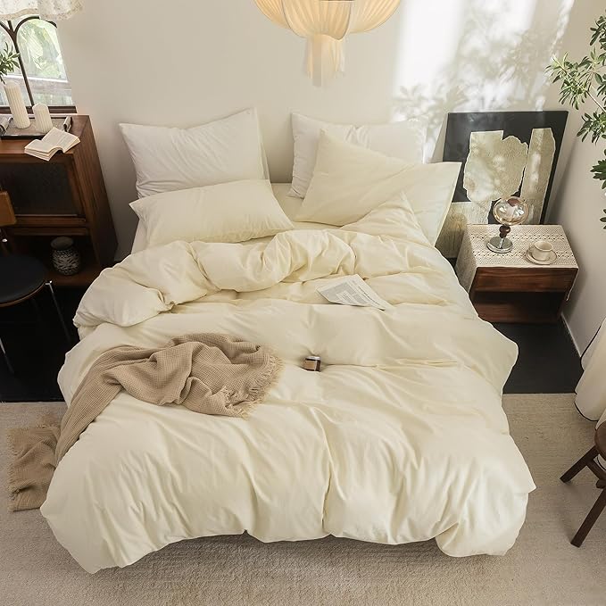 FOSSA Duvet Cover Set 100% Washed Cotton Linen Feel Super Soft Breathable Cozy 3 Pieces Bedding Sets Solid Cream White Super King Plus