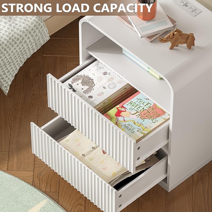 Dresser with 2 Drawers and Charging Station, Fluted Bedside Table with Round Curved Corner, Hidden Handles, 2 AC Outlets and 2 USB Ports, Modern Wood End Table with Open Shelf for Bedroom