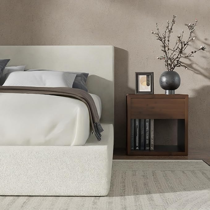 RECCI Cloud Boucle Upholstered King Bed Frame with Headboard, 5 Inch Foam Padded Platform, No Box Spring, Easy Assembly(Beige)
