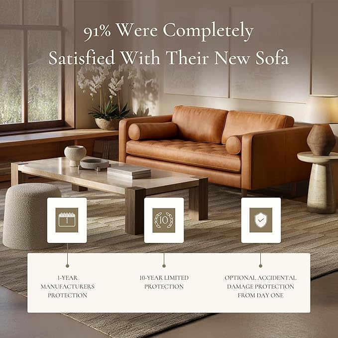 POLY & BARK Napa 72" Leather Sofa – Full-Grain Italian-Tanned Aniline Leather, Feather-Down Comfort, Solid Wood Frame, Walnut Legs, Cognac Tan