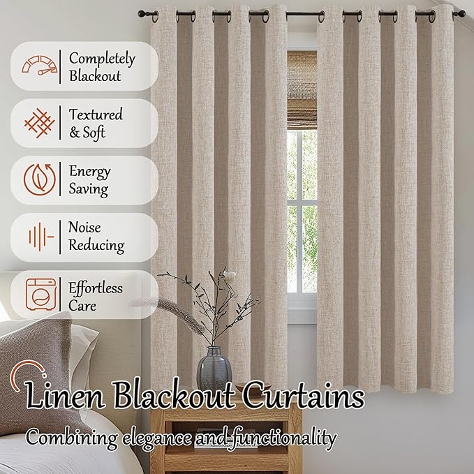 Beige 100% Blackout Curtains for Living Room 72 Inch Length 2 Panels Set, Thermal Insulated Light Blocking Polyester Linen Curtains for Bedroom, Bronze Grommet Boho Window Drape Each 52" Wide